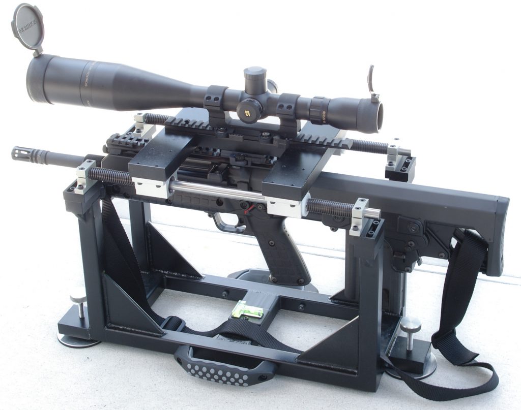 First iteration of David Bookstaber's Universal Precision Firearm Test Fixture, holding a Kel-Tec RFB .308 rifle.