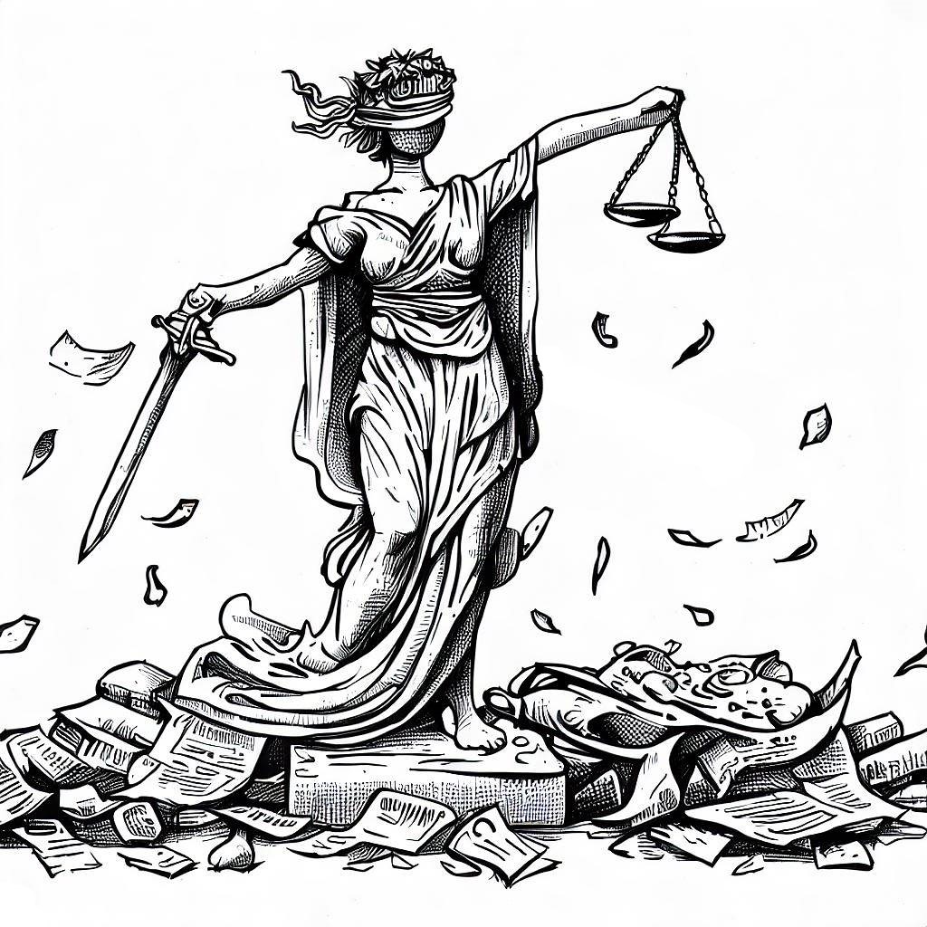 Lady Justice struggling with all the missing evidence