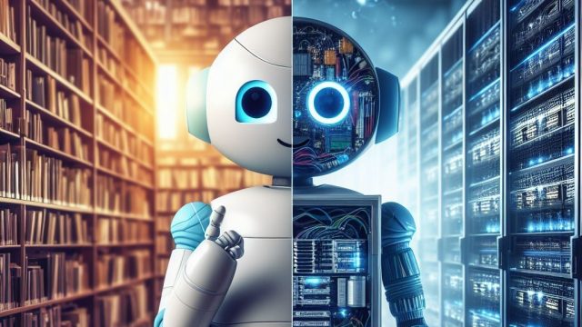 Illustration of a chatbot bridging a library of documents and a data center.